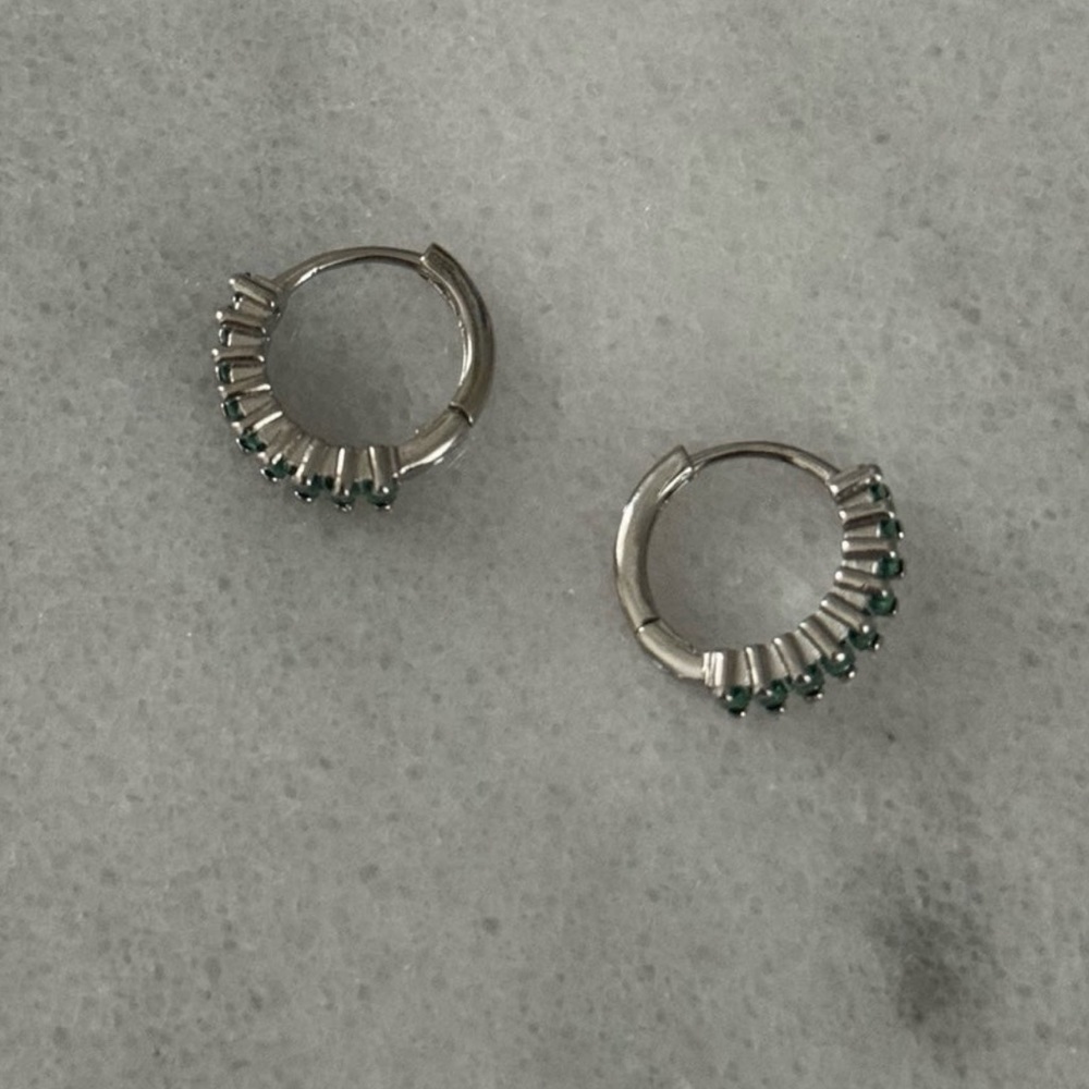 COPY - Sterling Silver Green Crystal Thick Huggie Hoop Earrings - Picture 4 of 5